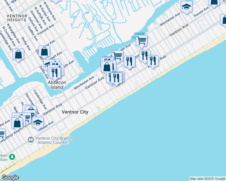 map of restaurants, bars, coffee shops, grocery stores, and more near 113 South Little Rock Avenue in Ventnor City
