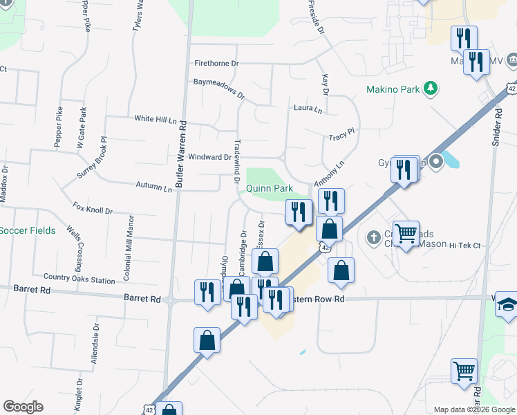 map of restaurants, bars, coffee shops, grocery stores, and more near 912 Tradewind Drive in Mason