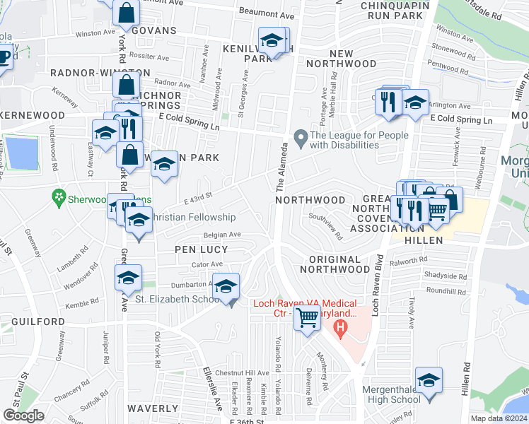 map of restaurants, bars, coffee shops, grocery stores, and more near 4115 St Georges Ave in Baltimore