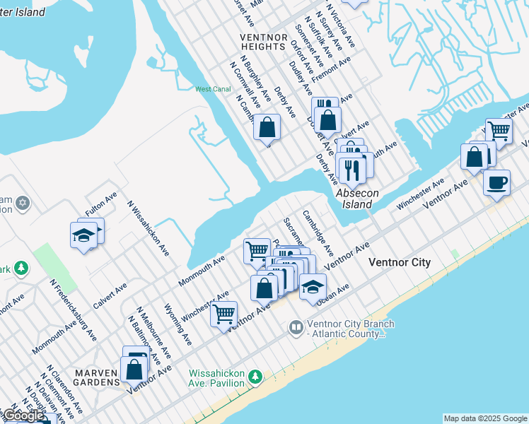 map of restaurants, bars, coffee shops, grocery stores, and more near 222 North Princeton Avenue in Ventnor City
