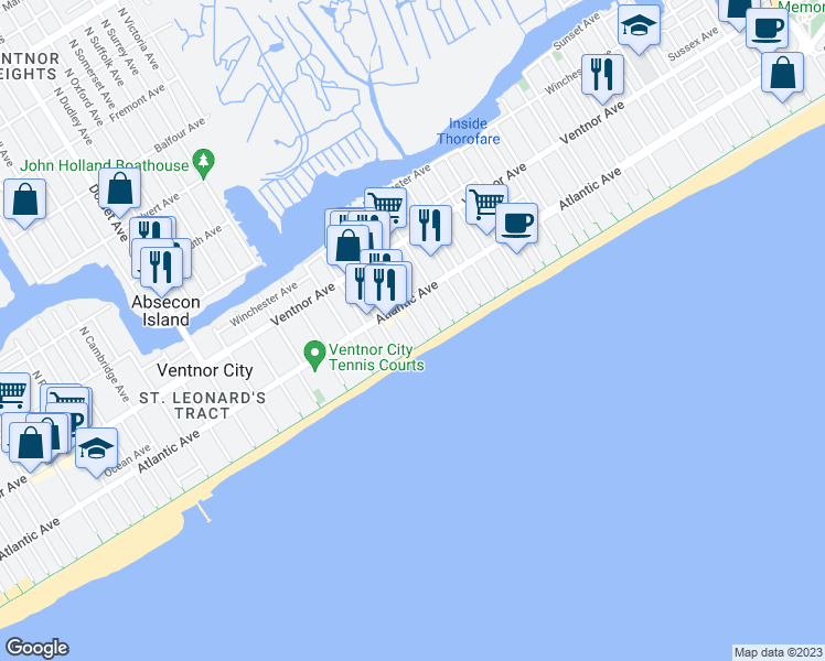 map of restaurants, bars, coffee shops, grocery stores, and more near 5200 Boardwalk in Ventnor City