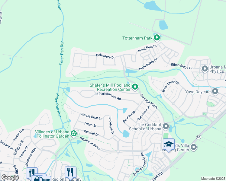 map of restaurants, bars, coffee shops, grocery stores, and more near 9203 Shafers Mill Drive in Frederick