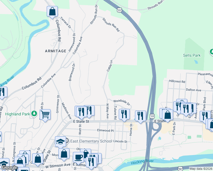 map of restaurants, bars, coffee shops, grocery stores, and more near 12 Cable Lane in Athens