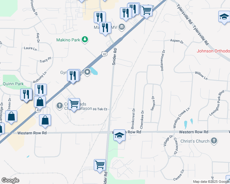 map of restaurants, bars, coffee shops, grocery stores, and more near 5967 Snider Cove Way in Mason