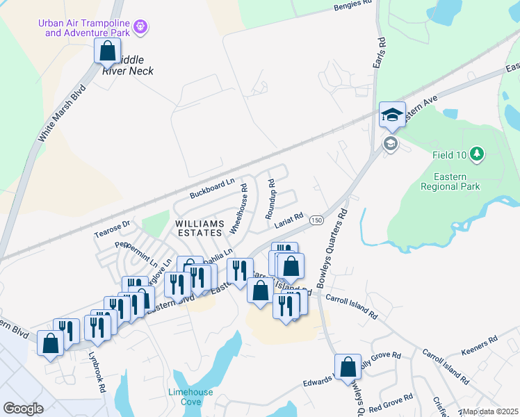map of restaurants, bars, coffee shops, grocery stores, and more near 3617 Dahlia Lane in Middle River