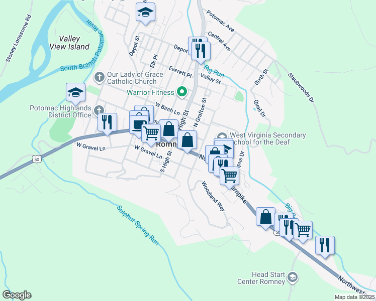 map of restaurants, bars, coffee shops, grocery stores, and more near 41 East Main Street in Romney