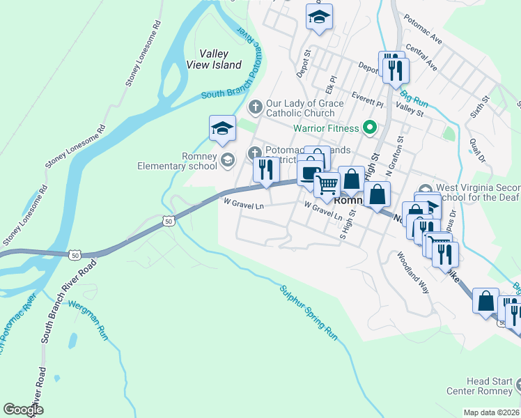 map of restaurants, bars, coffee shops, grocery stores, and more near 405 West Gravel Lane in Romney
