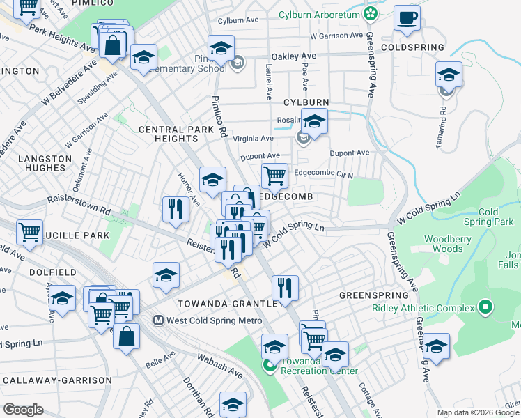 map of restaurants, bars, coffee shops, grocery stores, and more near Wylie Ave & Pimlico Rd in Baltimore
