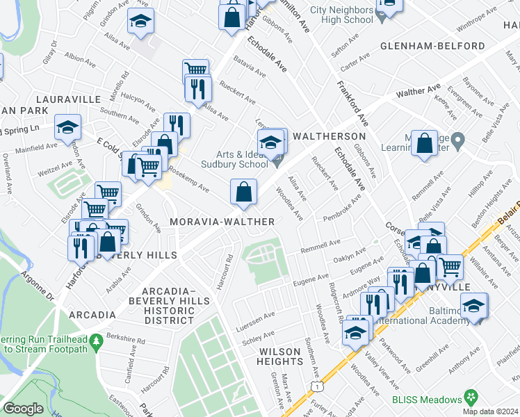 map of restaurants, bars, coffee shops, grocery stores, and more near 3506 Southern Avenue in Baltimore