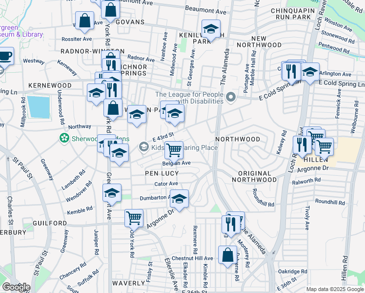 map of restaurants, bars, coffee shops, grocery stores, and more near 4200 St Georges Ave in Baltimore