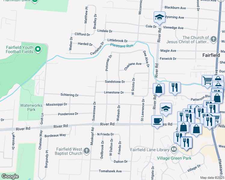 map of restaurants, bars, coffee shops, grocery stores, and more near 5380 Limestone Drive in Fairfield