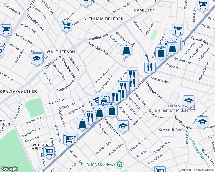 map of restaurants, bars, coffee shops, grocery stores, and more near 5429 Belle Vista Avenue in Baltimore