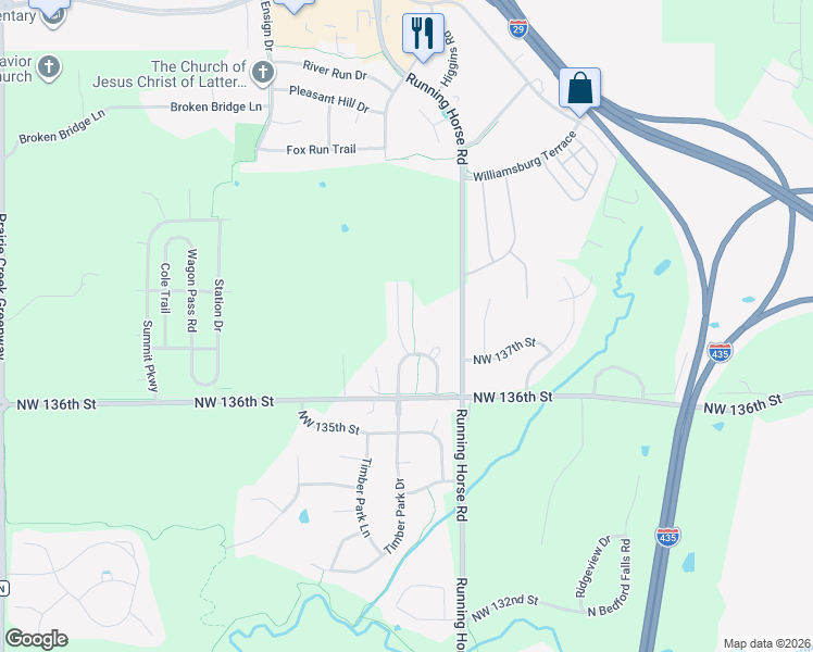 map of restaurants, bars, coffee shops, grocery stores, and more near 13721 Post Oak Lane in Platte City