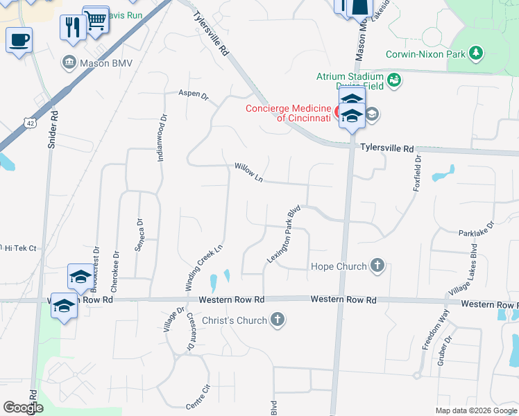 map of restaurants, bars, coffee shops, grocery stores, and more near 6677 Keeneland Way in Mason