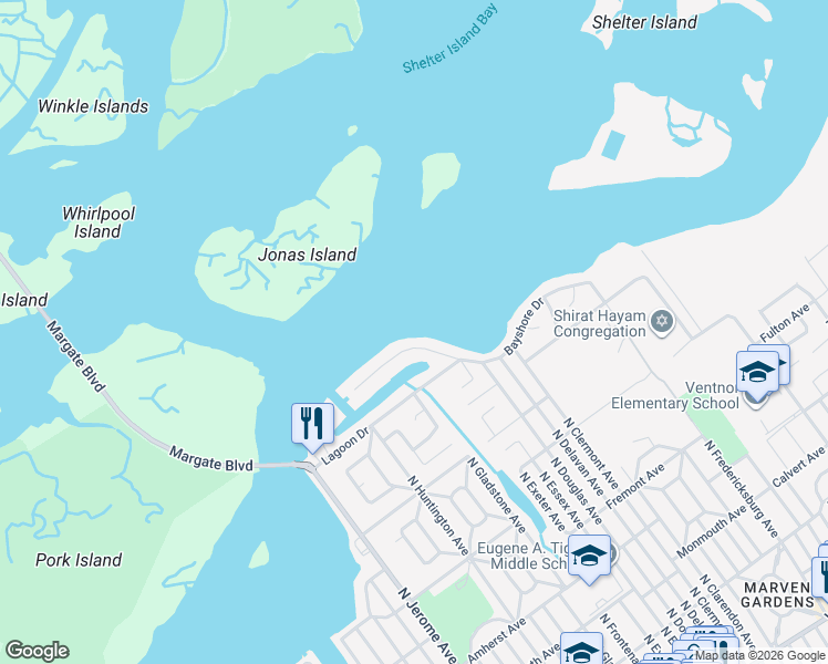 map of restaurants, bars, coffee shops, grocery stores, and more near 8001 Bayshore Drive in Margate City