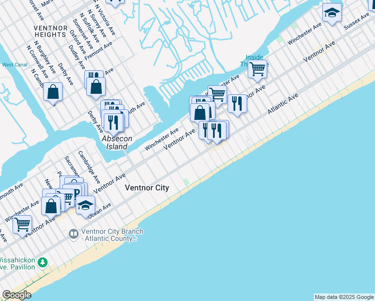map of restaurants, bars, coffee shops, grocery stores, and more near 8 South Suffolk Avenue in Ventnor City