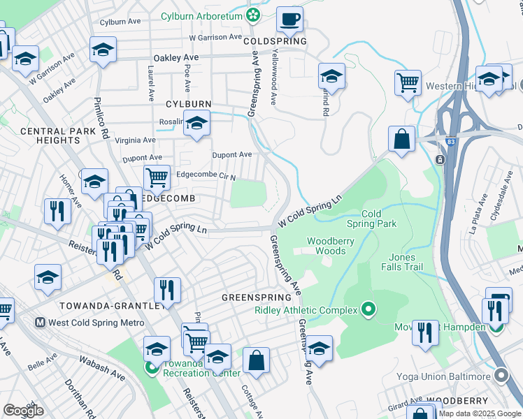 map of restaurants, bars, coffee shops, grocery stores, and more near 2512 Edgecombe Circle North in Baltimore