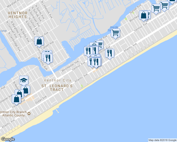 map of restaurants, bars, coffee shops, grocery stores, and more near 25 South Surrey Avenue in Ventnor City