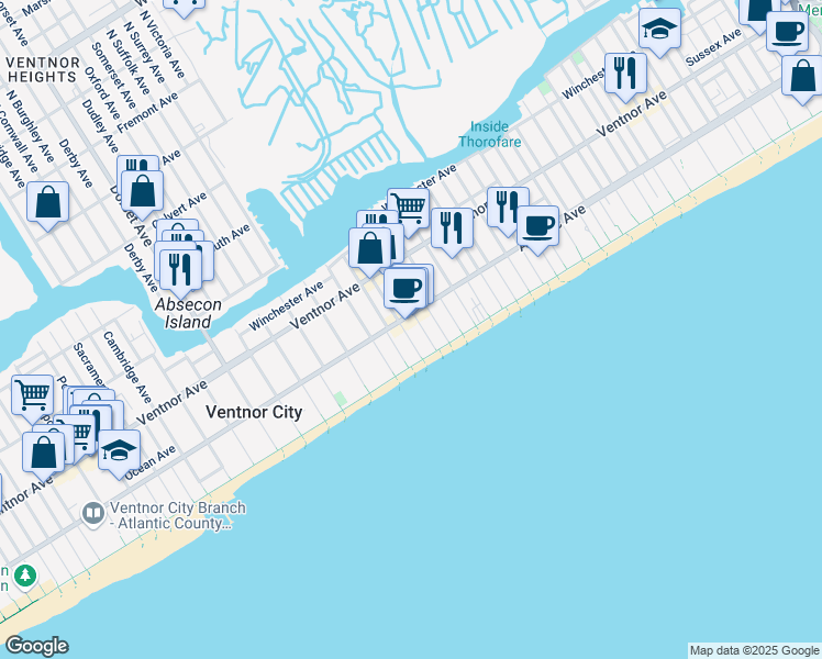 map of restaurants, bars, coffee shops, grocery stores, and more near 113 South Little Rock Avenue in Ventnor City