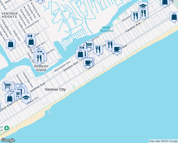 map of restaurants, bars, coffee shops, grocery stores, and more near 103 South Little Rock Avenue in Ventnor City