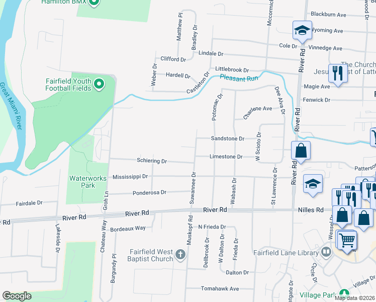 map of restaurants, bars, coffee shops, grocery stores, and more near 5475 Coolbrook Drive in Fairfield