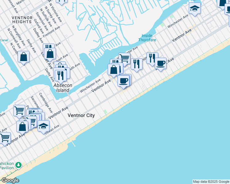 map of restaurants, bars, coffee shops, grocery stores, and more near 19 South Surrey Avenue in Ventnor City