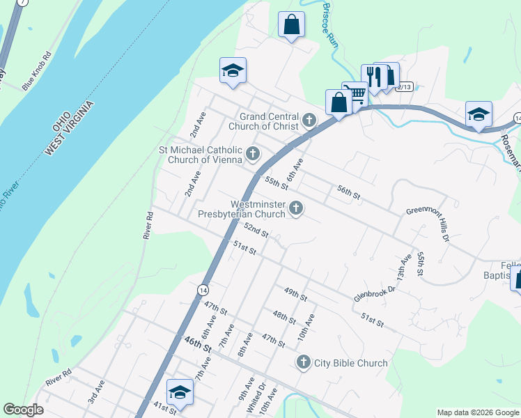 map of restaurants, bars, coffee shops, grocery stores, and more near 5304 Grand Central Avenue in Vienna