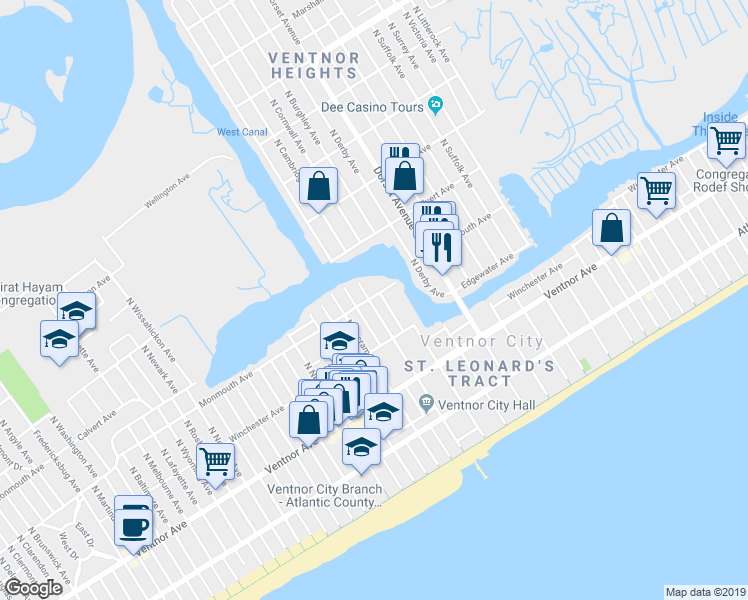 map of restaurants, bars, coffee shops, grocery stores, and more near 123 North Cambridge Avenue in Ventnor City