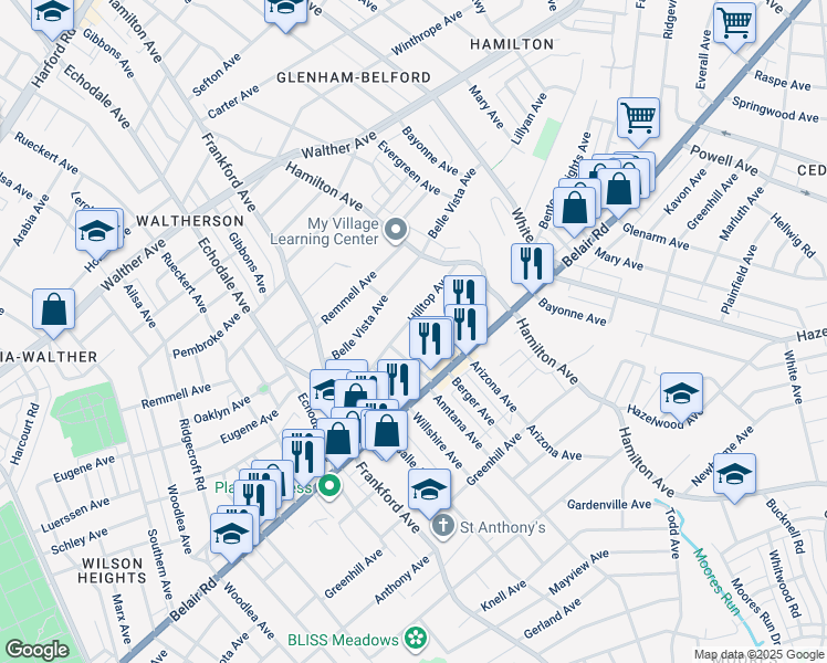 map of restaurants, bars, coffee shops, grocery stores, and more near 5511 Hilltop Avenue in Baltimore