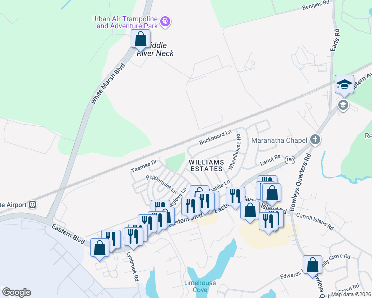 map of restaurants, bars, coffee shops, grocery stores, and more near 208 Trailway Road in Middle River