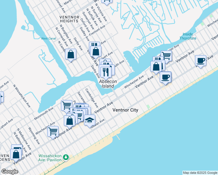 map of restaurants, bars, coffee shops, grocery stores, and more near 5804 Edgewater Avenue in Ventnor City