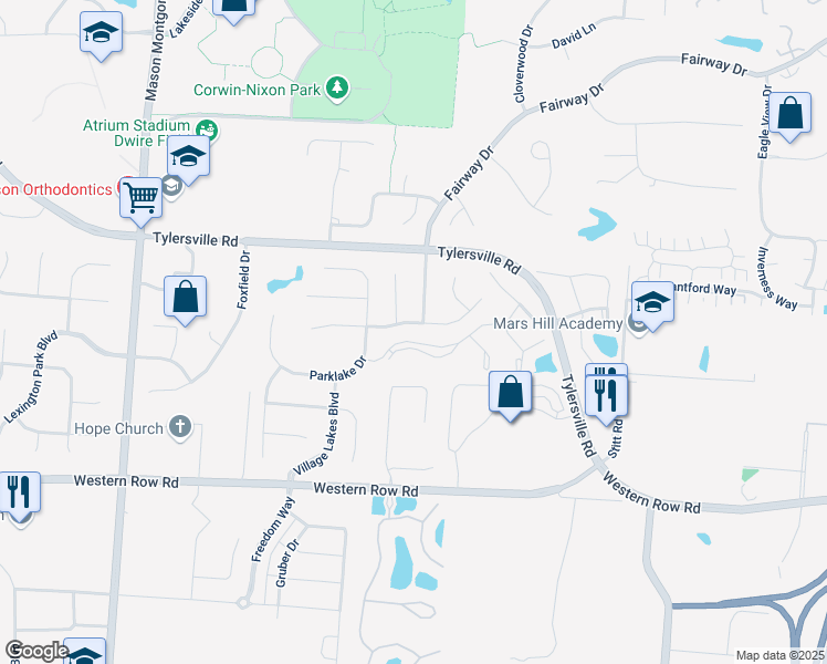 map of restaurants, bars, coffee shops, grocery stores, and more near 4433 Placepointe Drive in Mason