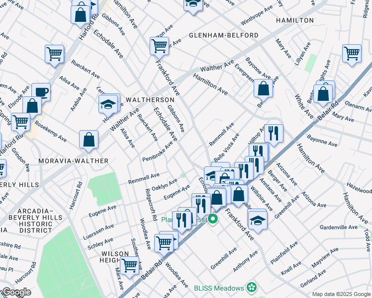 map of restaurants, bars, coffee shops, grocery stores, and more near 3812 Echodale Avenue in Baltimore