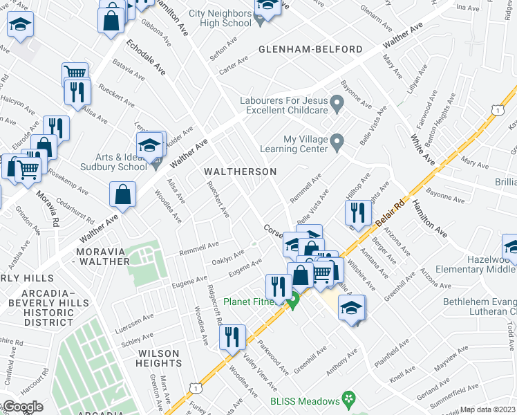 map of restaurants, bars, coffee shops, grocery stores, and more near 3812 Echodale Avenue in Baltimore