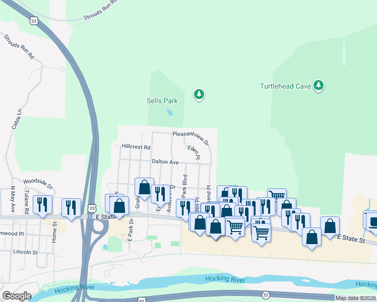 map of restaurants, bars, coffee shops, grocery stores, and more near 49 Eden Place in Athens
