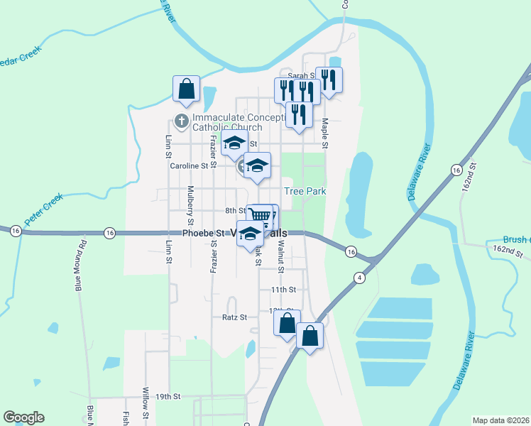map of restaurants, bars, coffee shops, grocery stores, and more near 700-798 Oak Street in Valley Falls