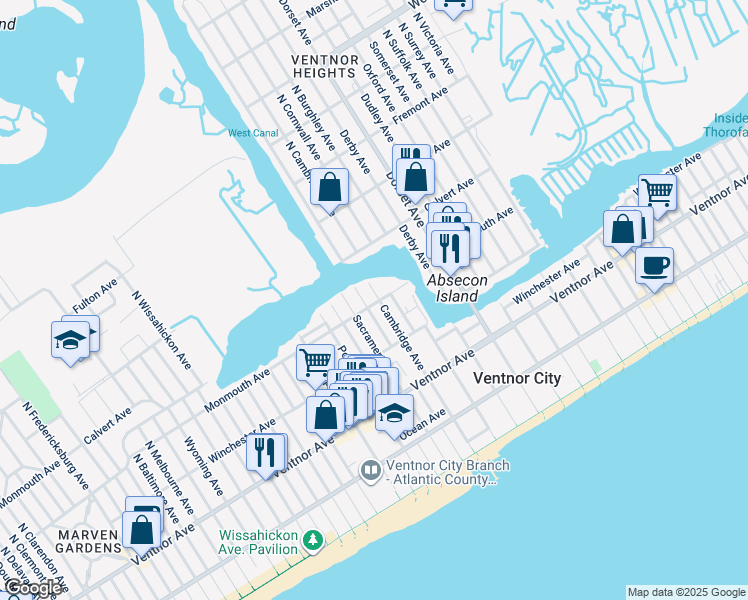 map of restaurants, bars, coffee shops, grocery stores, and more near 200 North Cambridge Avenue in Ventnor City