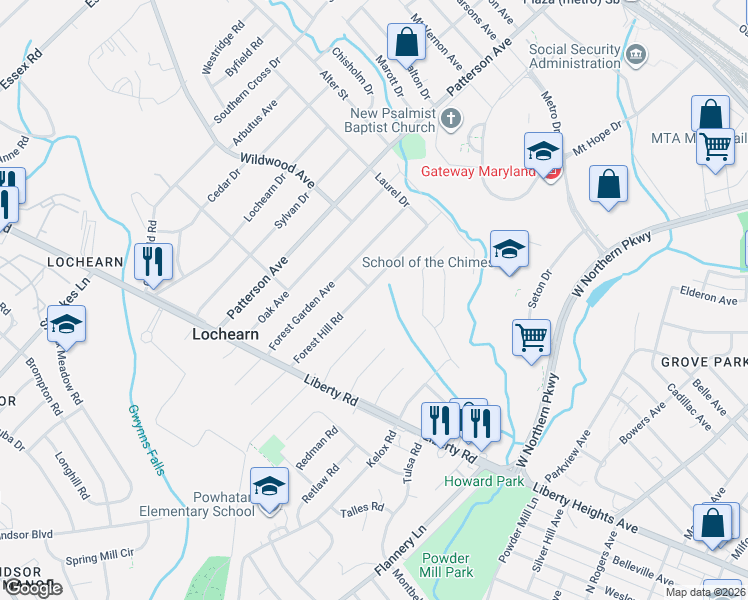 map of restaurants, bars, coffee shops, grocery stores, and more near 3651 Forest Hill Road in Lochearn