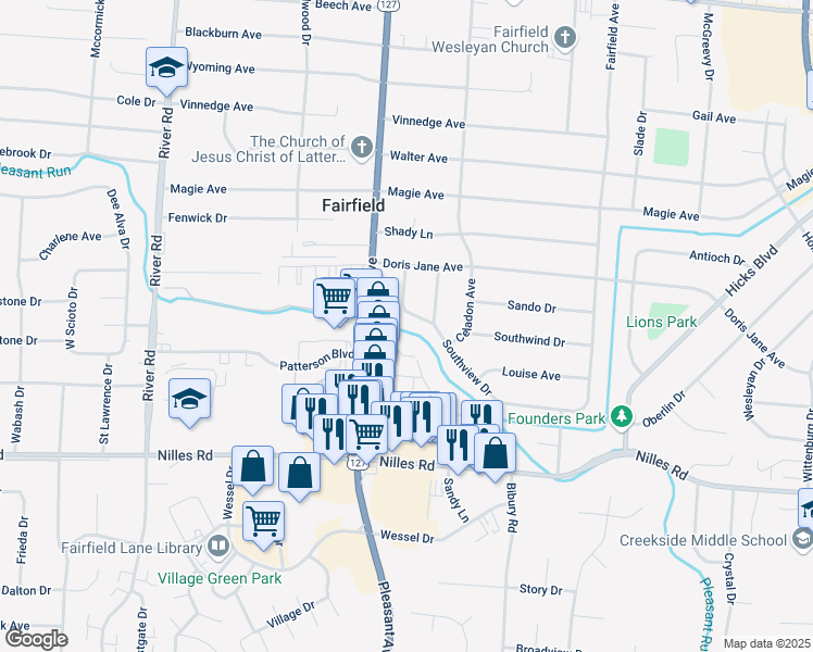 map of restaurants, bars, coffee shops, grocery stores, and more near 5021 Southview Drive in Fairfield