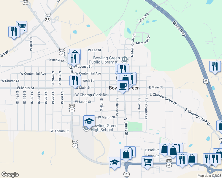 map of restaurants, bars, coffee shops, grocery stores, and more near 316 West Main Street in Bowling Green