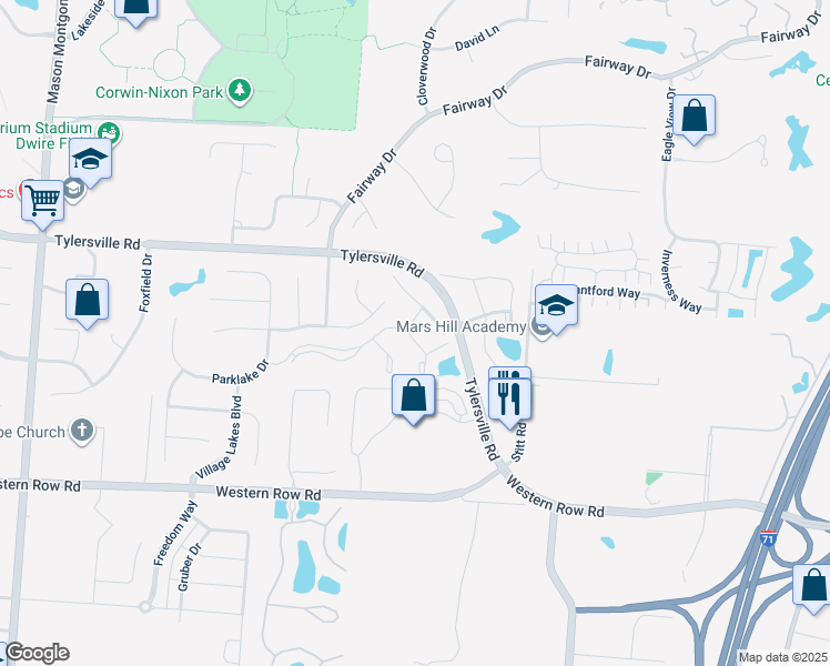 map of restaurants, bars, coffee shops, grocery stores, and more near 6659 Villager Place in Mason