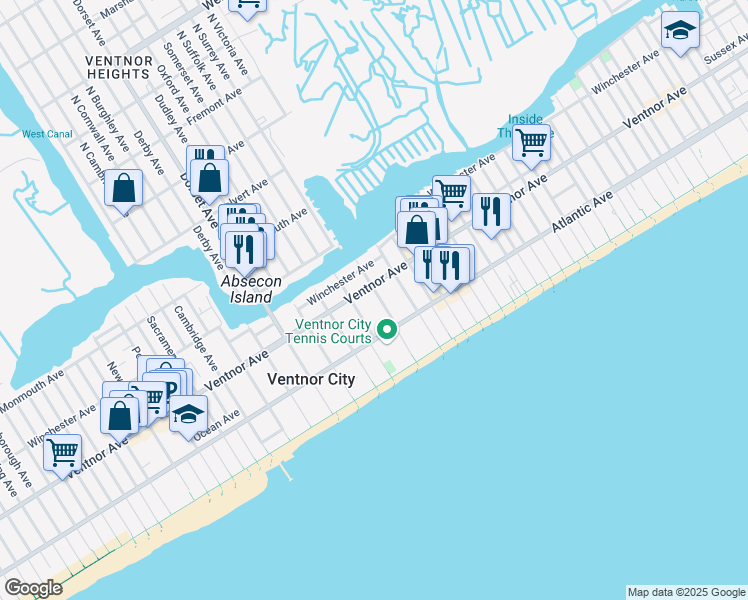 map of restaurants, bars, coffee shops, grocery stores, and more near 8 South Suffolk Avenue in Ventnor City