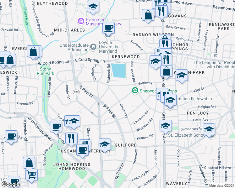 map of restaurants, bars, coffee shops, grocery stores, and more near 4207 Greenway in Baltimore