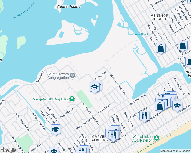 map of restaurants, bars, coffee shops, grocery stores, and more near 609 North Lafayette Avenue in Ventnor City