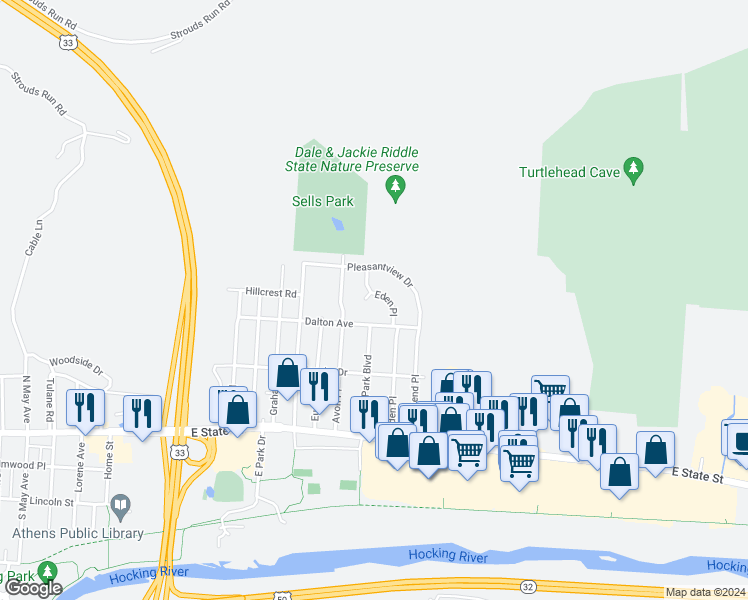 map of restaurants, bars, coffee shops, grocery stores, and more near 49 Eden Place in Athens