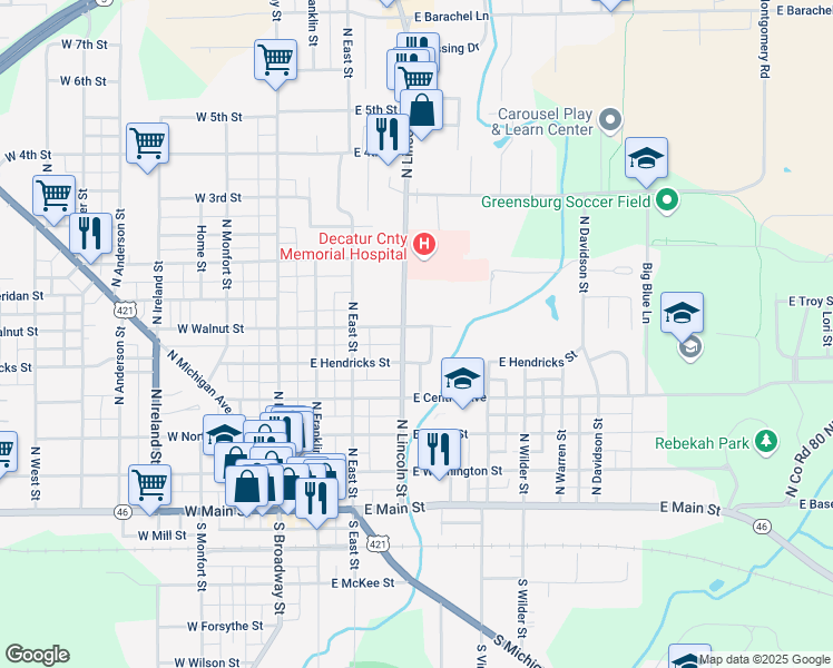map of restaurants, bars, coffee shops, grocery stores, and more near 528 North Lincoln Street in Greensburg
