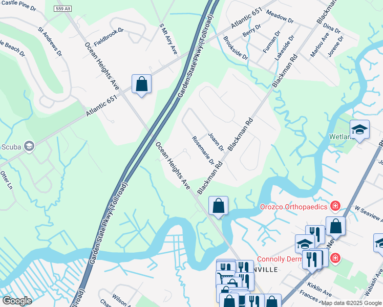 map of restaurants, bars, coffee shops, grocery stores, and more near 6 Dorato Drive in Egg Harbor Township