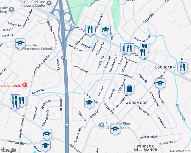 map of restaurants, bars, coffee shops, grocery stores, and more near 7203 Brompton Road in Baltimore