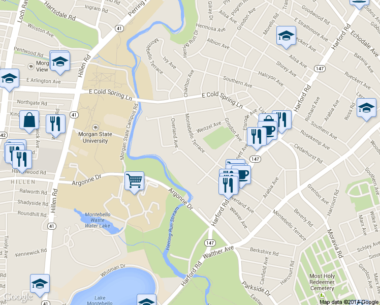 map of restaurants, bars, coffee shops, grocery stores, and more near 2808 Overland Avenue in Baltimore