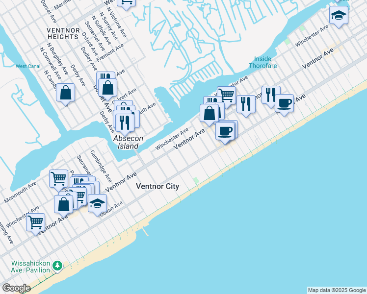 map of restaurants, bars, coffee shops, grocery stores, and more near 8 South Suffolk Avenue in Ventnor City